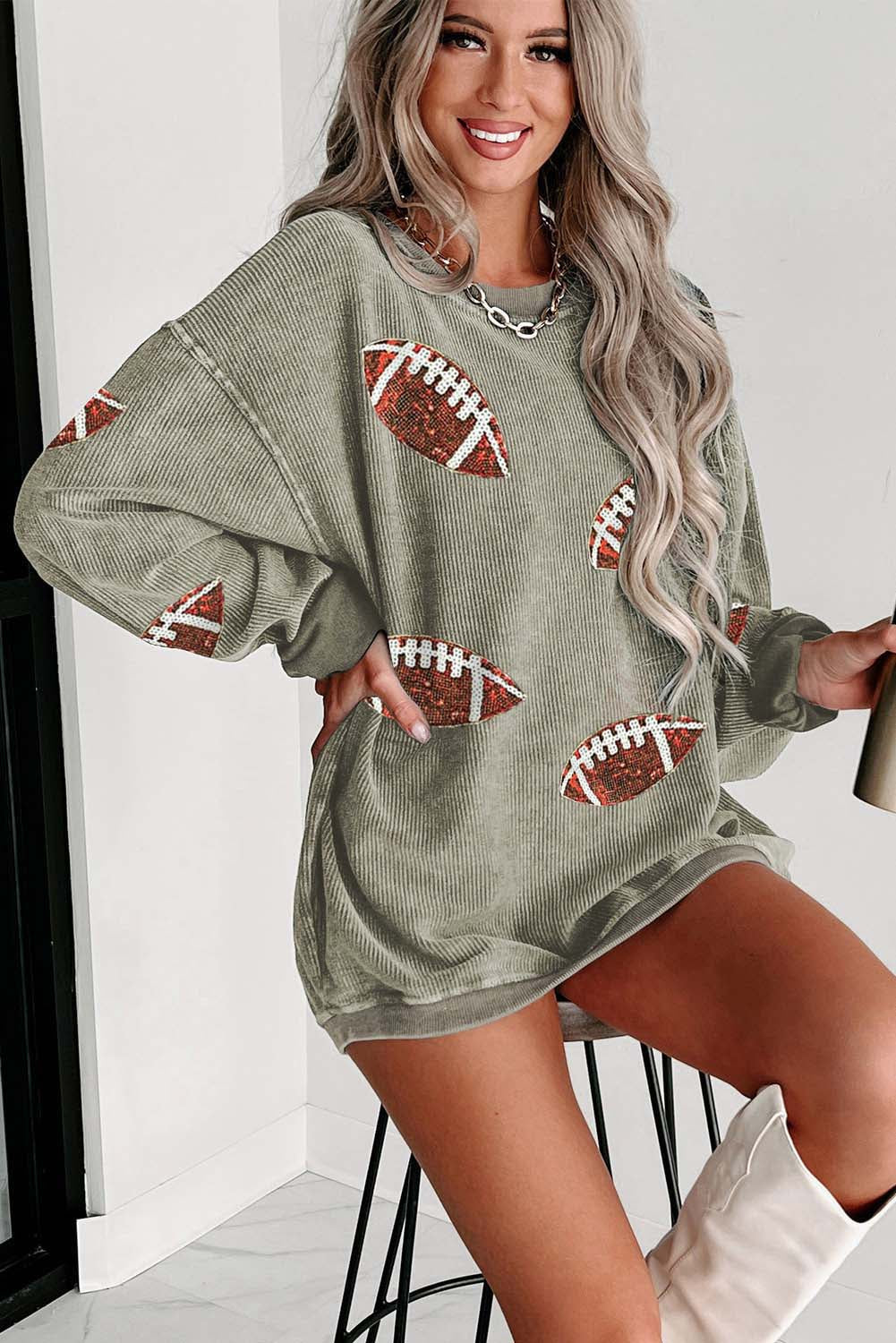 Green Sequin Rugby Graphic Corded Baggy Sweatshirt