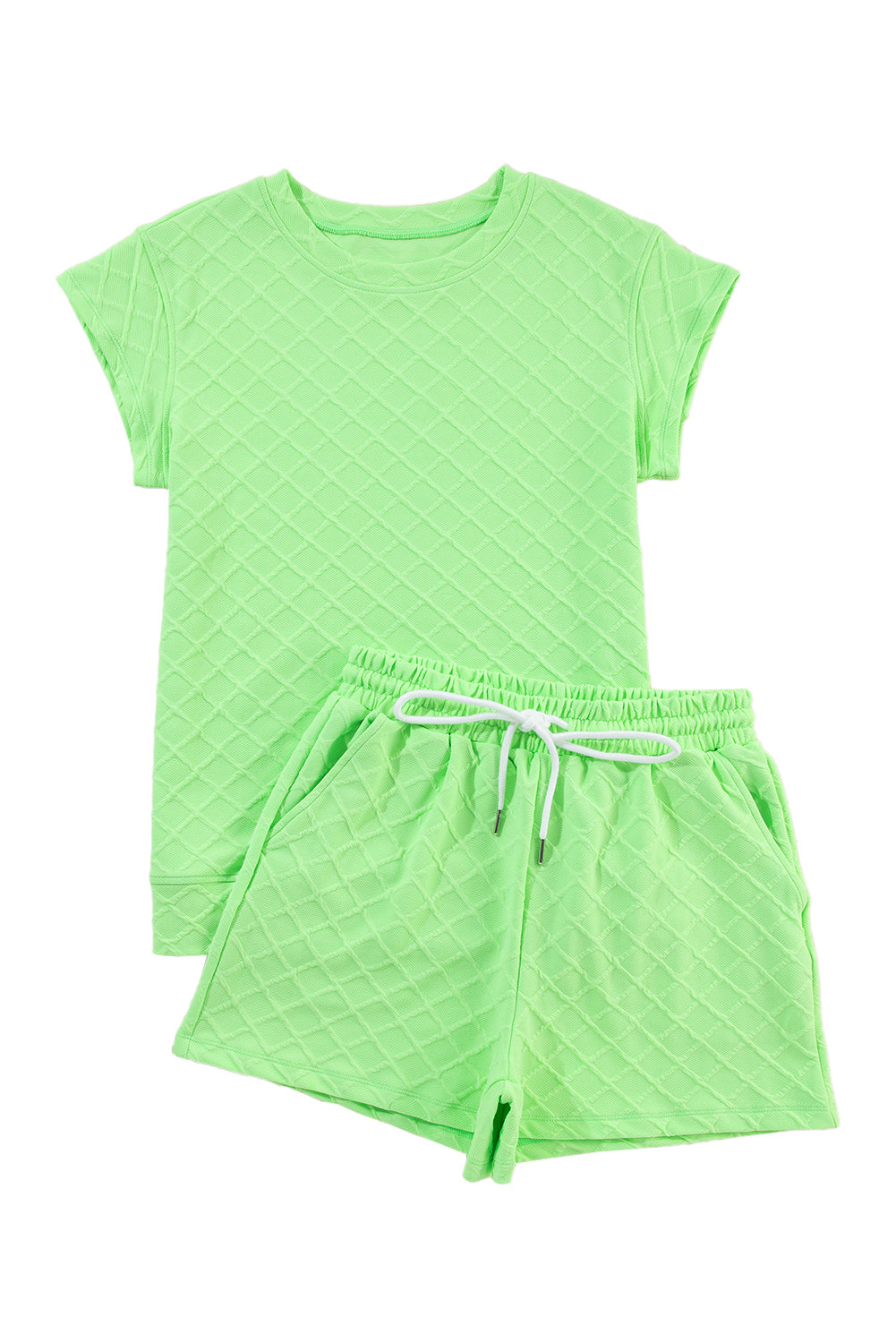 Light Green Argyle Textured Tee and Drawstring Shorts Set