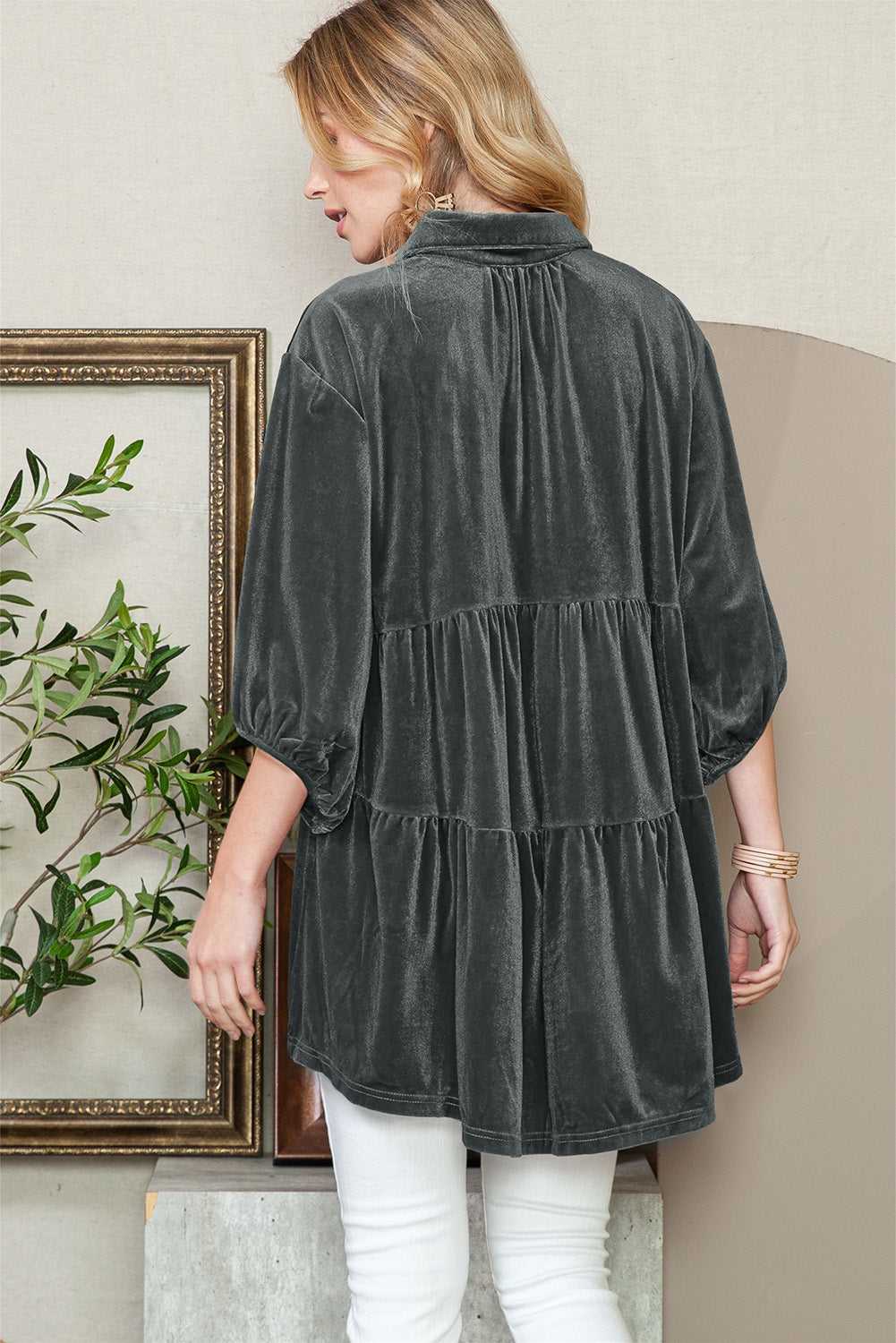 Dark Grey Lantern Sleeve Tunic Babydoll Velvet Shirt