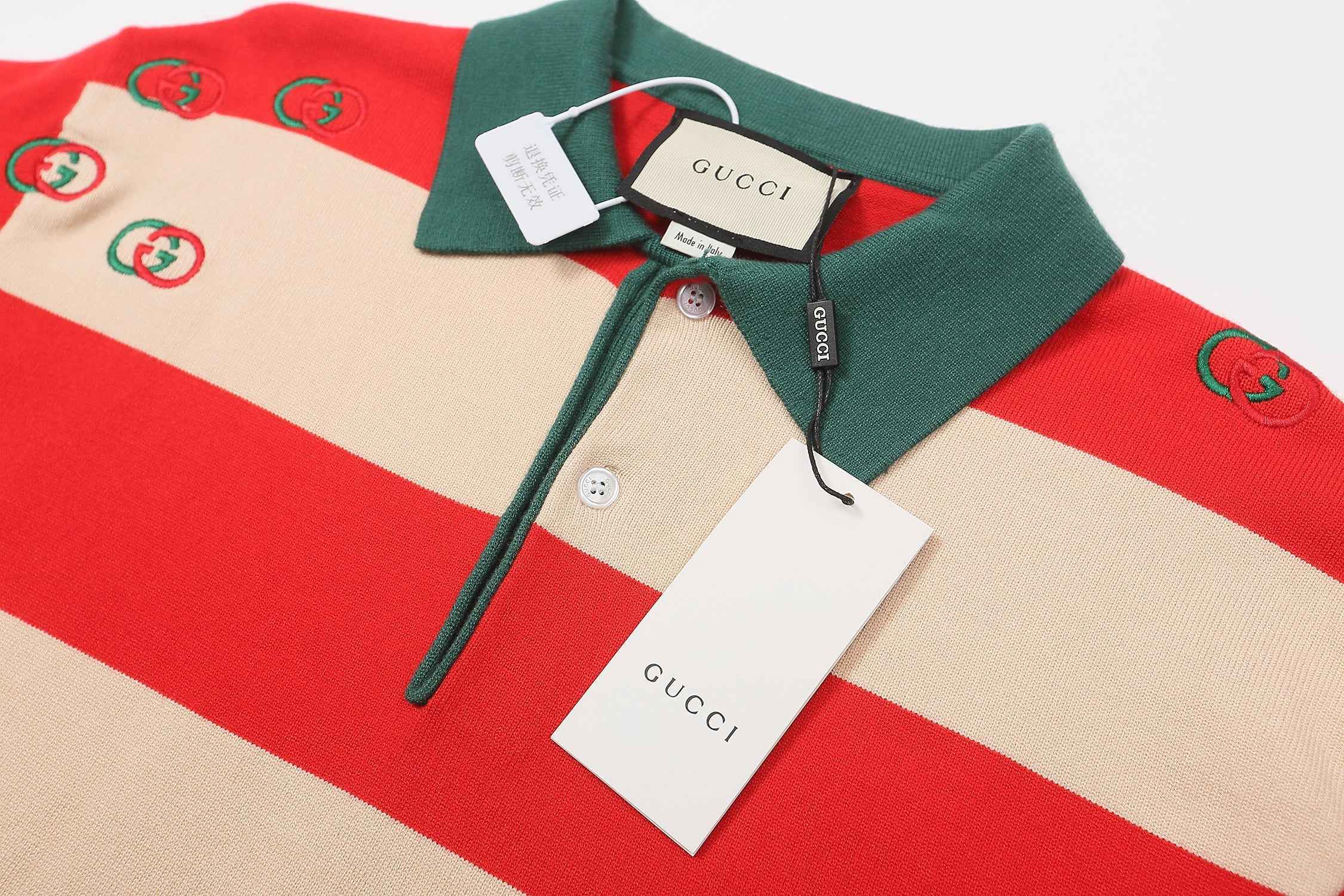 GUCCI Long sleeve polo shirt Interlocking G Knit Cream Red Green
