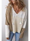 Brown Colorblock Hollow-out Tie V Neck Lightweight Sweater