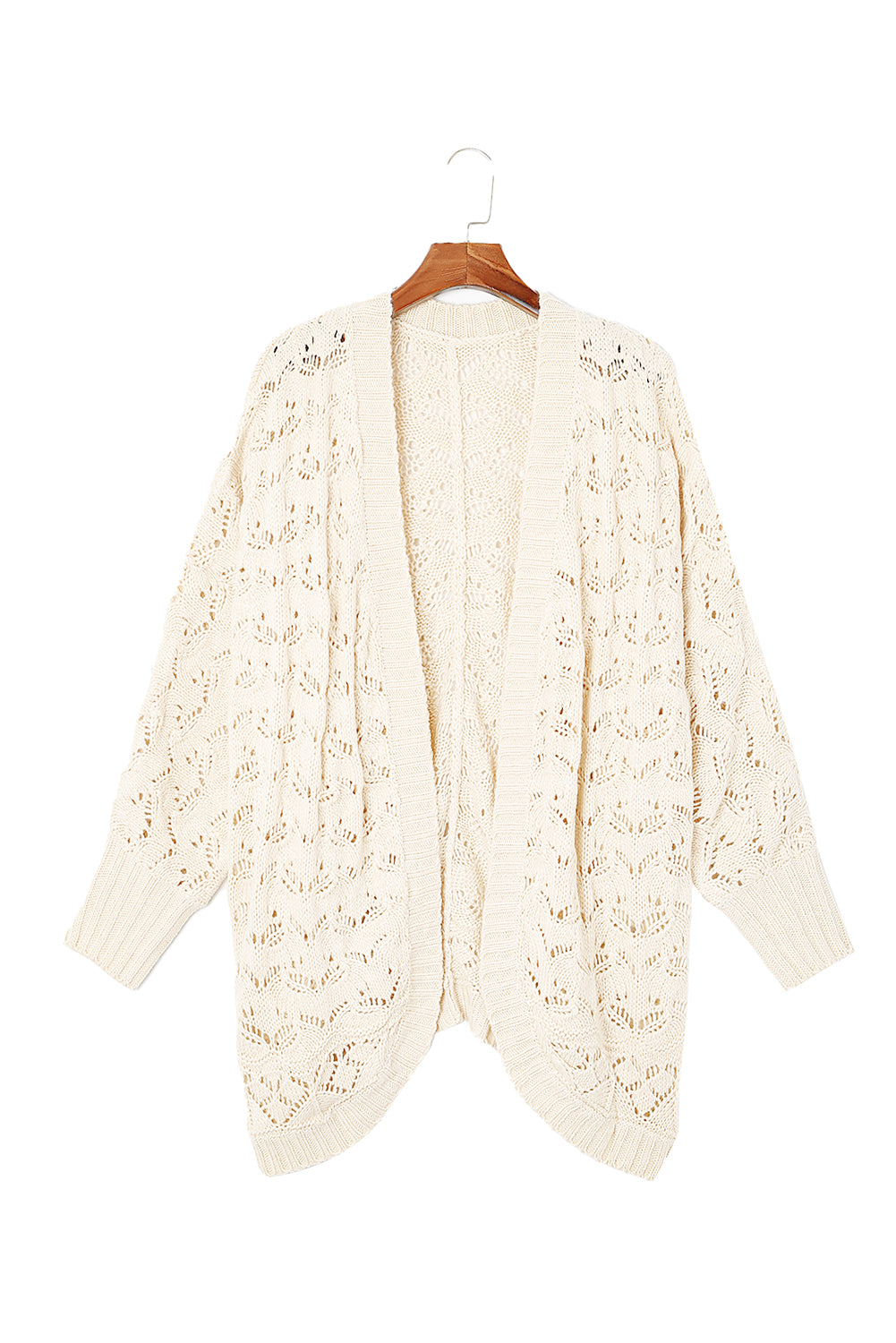 Beige Plus Size Hollowed Open Front Ribbed Trim Cardigan