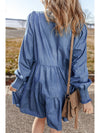 Dusk Blue Smocked Cuff Buttoned Tiered Denim Mini Dress