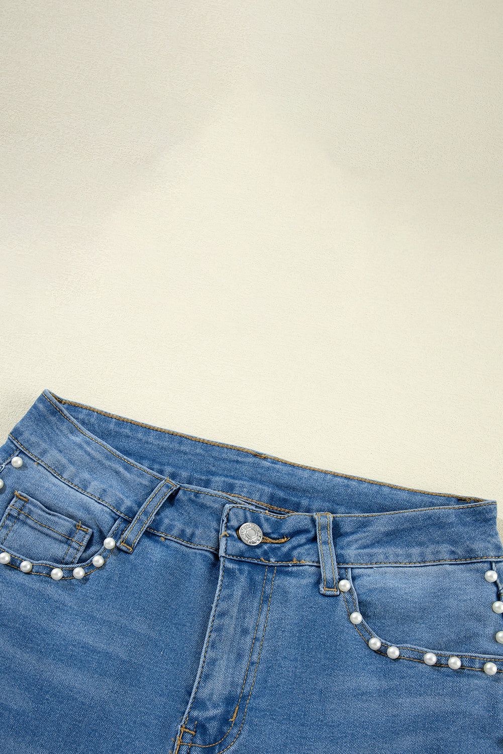 Dusk Blue Pearl Decor High Waist Flared Jeans