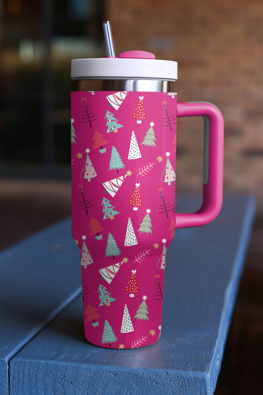 White Cartoon Christmas Tree Printed Thermos Cup