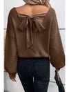 Coffee Lantern Sleeve V Neck Knot Back Sweater