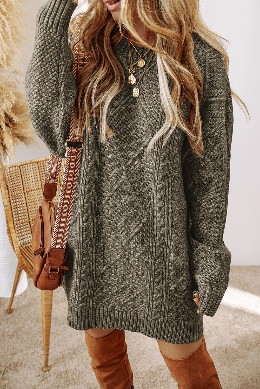 Coffee Twist Cable Knit Drop Shoulder Loose Fit Sweater Dress