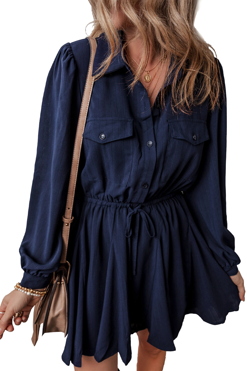 Navy Blue Solid Chest Pockets Tunic Shirt Mini Dress