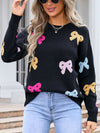 Angel Wings Bow Graphic Round Neck Long Sleeve Sweater - Cocoa Yacht Club