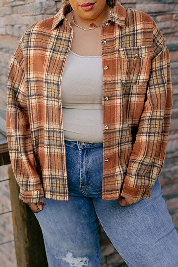 Brown Plaid Print Flap Pocket Button Plus Size Shirt