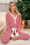 Red Stripe Buttoned V Neck Top and Knotted Waist Pants Pajama Set