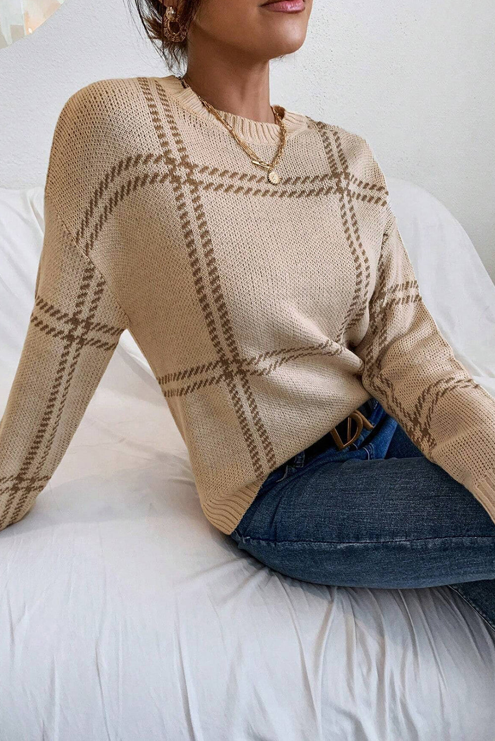 Khaki Plaid Pattern Knitted Drop Shoulder Sweater