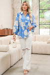 Sky Blue Floral Print V-Neck Scallop Detail Long Sleeve Blouse