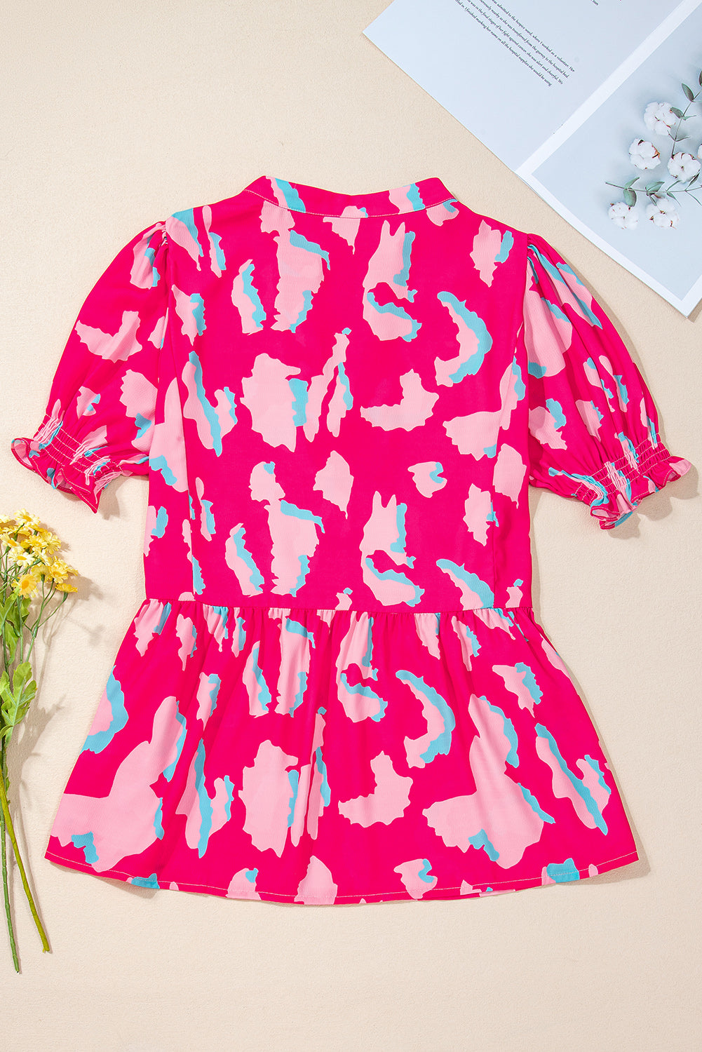 Rose Abstract Print Smocked Puff Sleeve V Neck Peplum Blouse