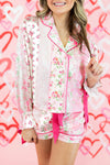 Pink Mixed Floral Print Contrast Piping Trim Satin Tie Pajama Set