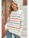 Black Colorful Striped Ribbed Trim Round Neck Sweater