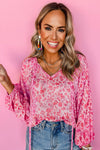 Pink Floral Puff Sleeve Split Neck Blouse