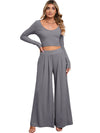 Black Plain Ribbed Crop Top & Wide Leg Pants Two Piece Pants Set