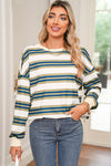 Khaki Striped Crew Neck Drop Shoulder Pullover Sweatshirt