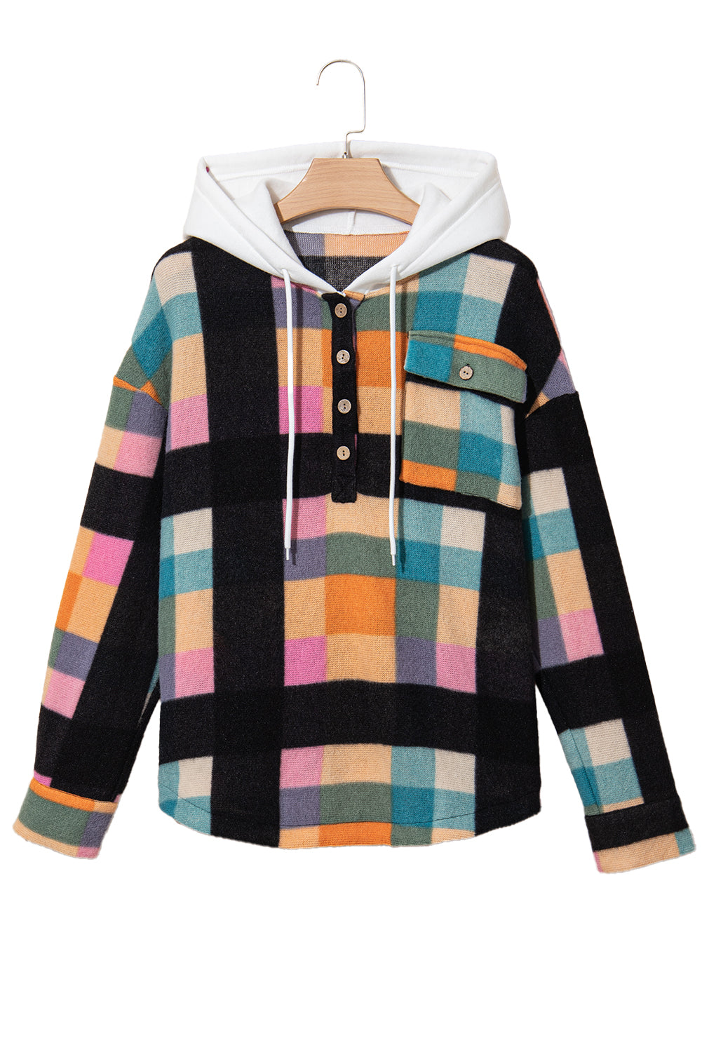 Multicolour Plaid Color Block Flap Pocket Buttoned Hoodie