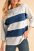 Sail Blue Striped Patchwork 3/4 Sleeves Raw Edge Sweatshirt