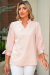 Pink Striped Pearl Beaded Knot Cuffs Blouse