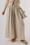 Beige Casual Lace-up Waist Pleated Wide Leg Pants