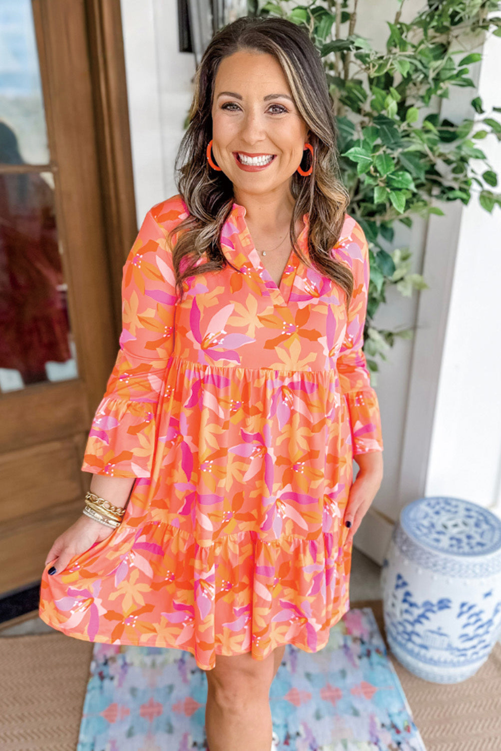 Orange Abstract Print V Neck Ruffle Bell Sleeve Mini Tiered Dress