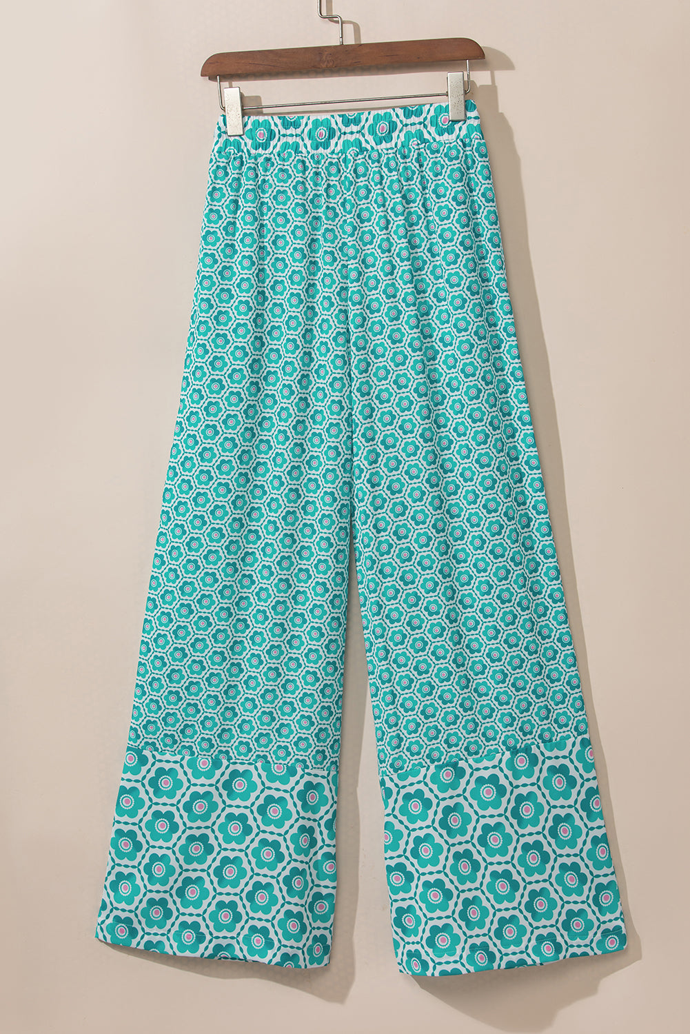 Green Boho Geometric Print Drawstring High Waist Flared Pants