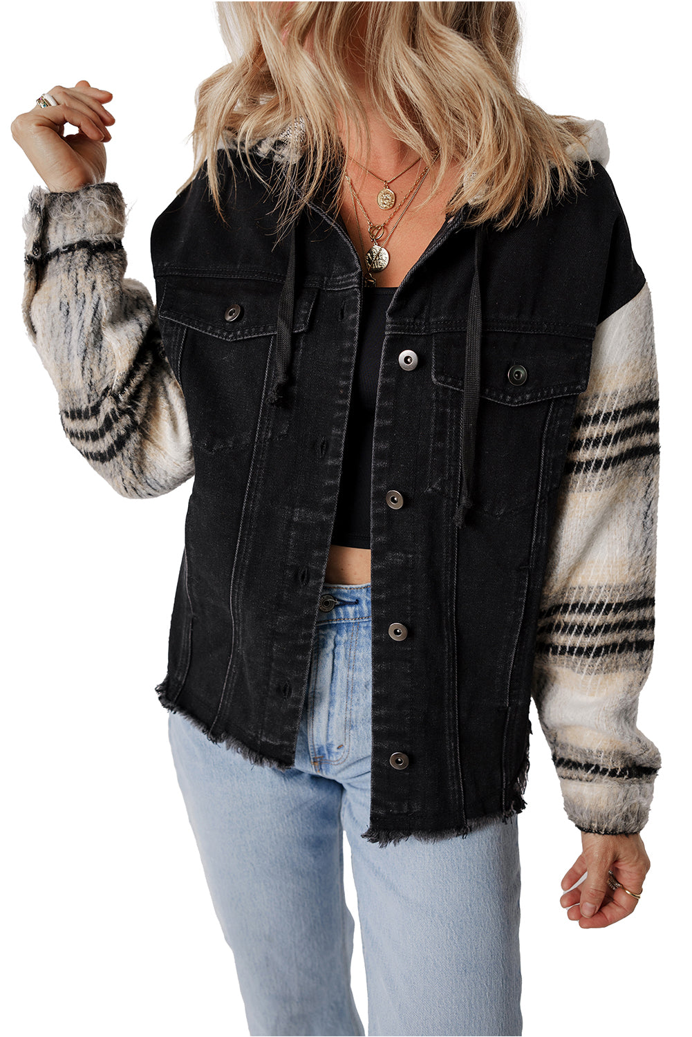 Black Patchwork Plaid Sleeve Frayed Hem Hooded Denim Jacket