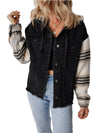 Black Patchwork Plaid Sleeve Frayed Hem Hooded Denim Jacket