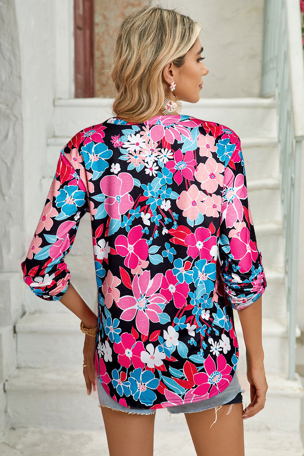 Pink Floral V Neck Roll Tab Sleeve Blouse