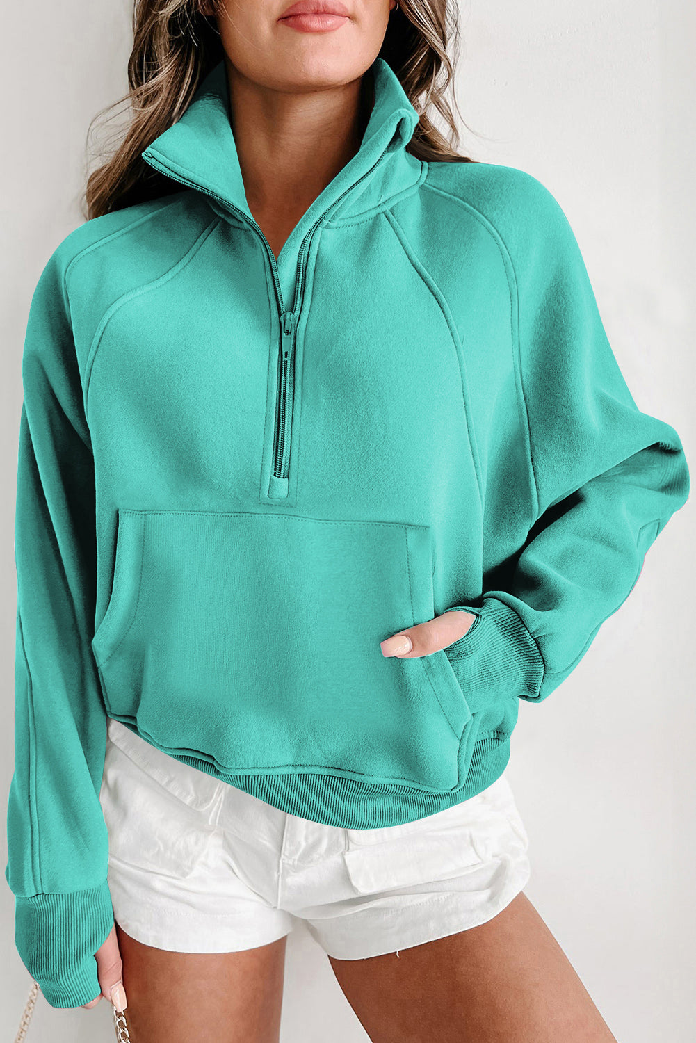 Flamingo Zip Up Stand Collar Ribbed Thumbhole Sleeve Sweatshirt