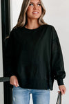 Black Exposed Seam Drop Shoulder Side Slit Sweatshirt