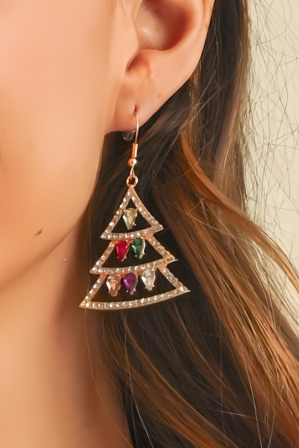 Gold Gem Decor Rhinestone Christmas Tree Holiday Hook Earrings