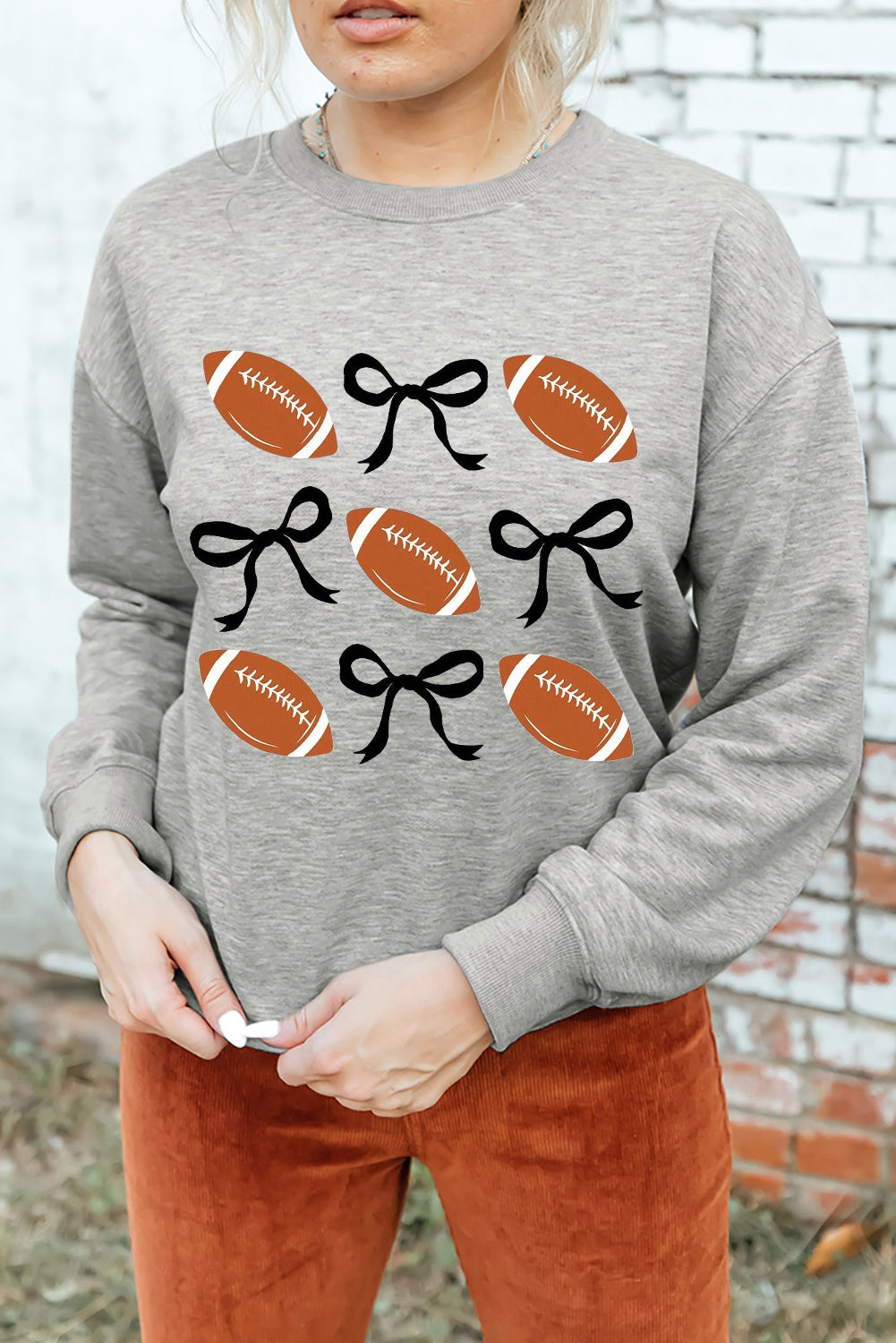 Gray Rugby Football Bow Knot Print Crewneck Sweatshirt