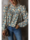 Frill Printed Mock Neck Long Sleeve Blouse - Cocoa Yacht Club