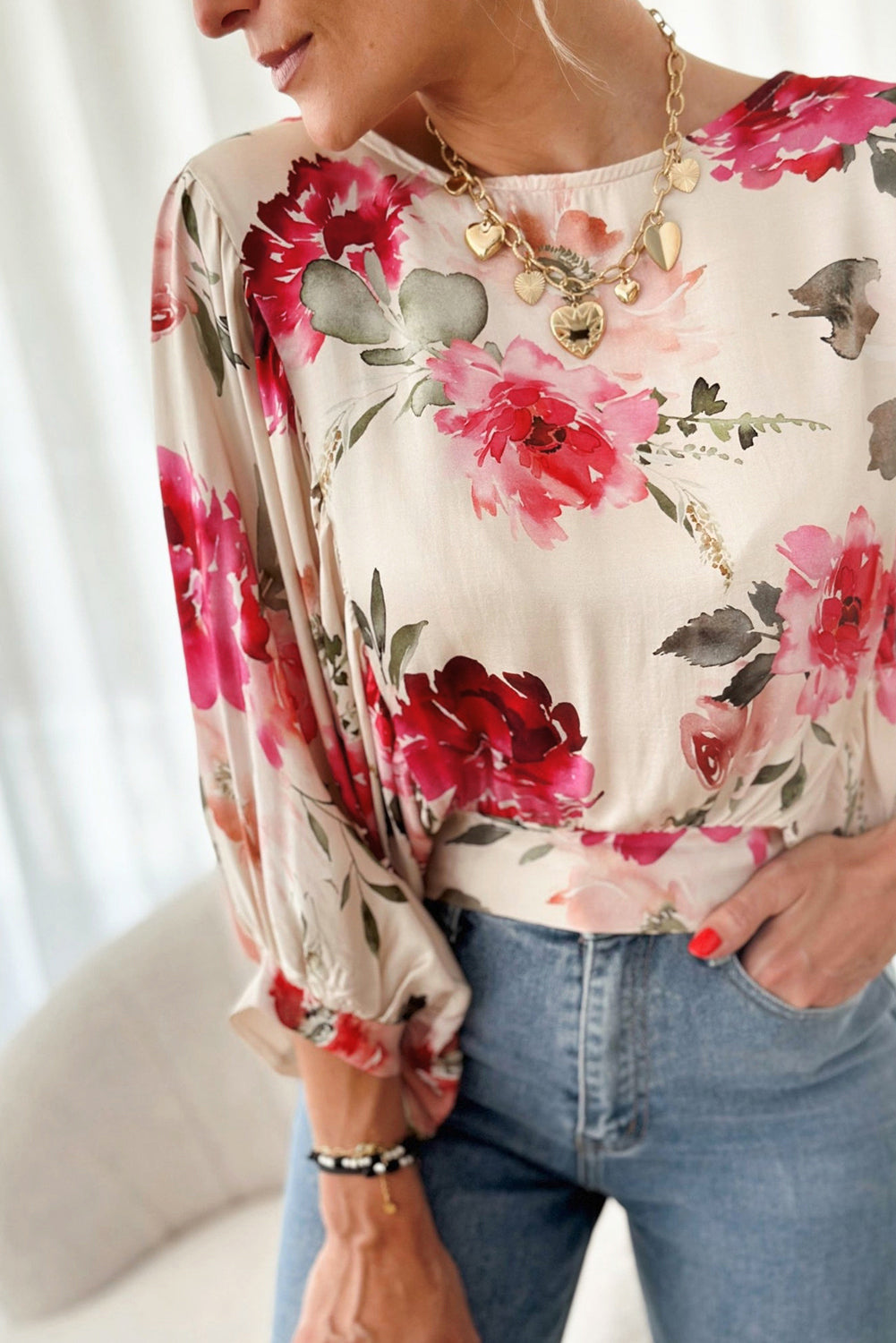 Rose Floral 3/4 Sleeve Lace-up Back Blouse