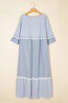Sky Blue Crisscross Lace Detail Mixed Striped Patchwork Plus Size Dress