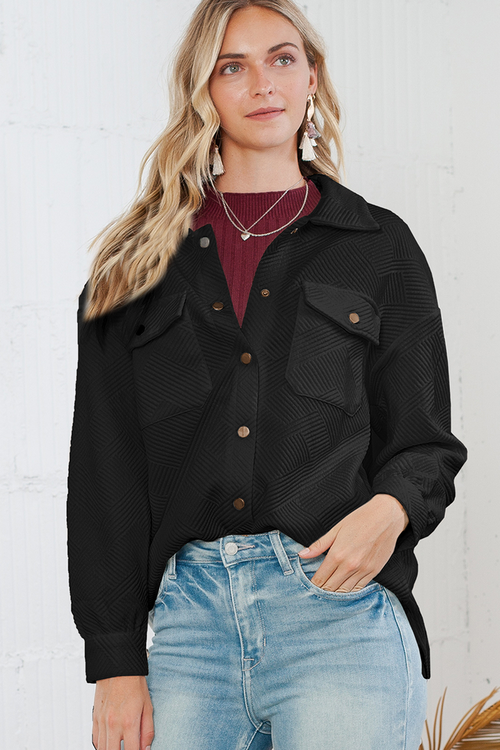 Black Solid Textured Flap Pocket Buttoned Shacket