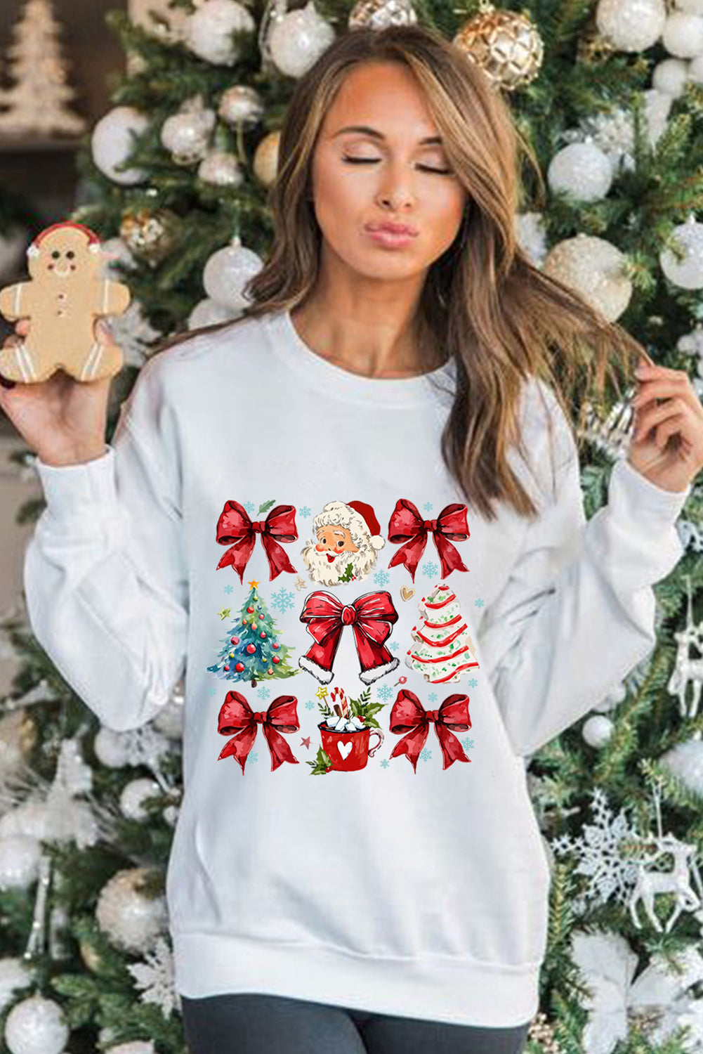 Beige Christmas Tree Bowknot Santa Clause Graphic Sweatshirt