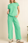 Blue Solid Corded Short Sleeve T Shirt and Wide Leg Pants Set