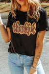 Black Sequined Thankful Round Neck Graphic Tee