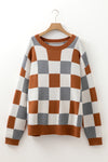 Brown Colorblock Checkered Drop Sleeve Plus Size Sweater