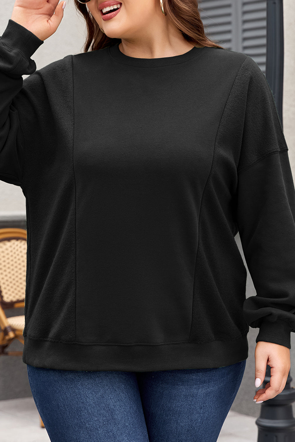 Apricot Loose Patchwork Crewneck Plus Size Sweatshirt