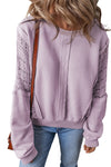 Sweatshirts & Hoodies Orchid Petal Crochet Patchwork Exposed Seam Ribbed Trim Sweatshirt.