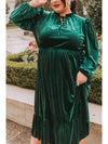 Blackish Green Frill Neck Velvet High Waist Plus Size Dress