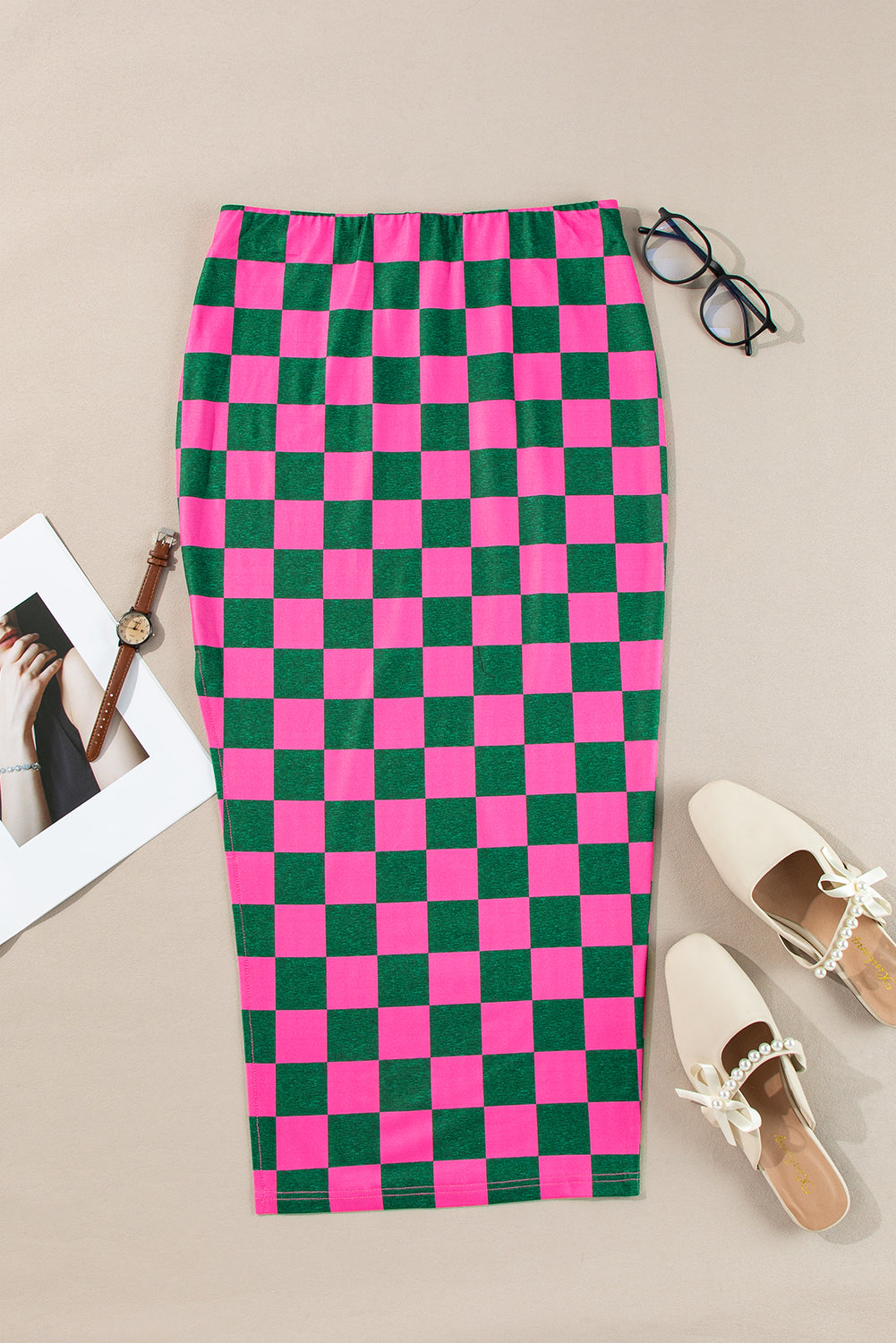 Rose Checkered Print Side Slit Slim Fit Midi Skirt