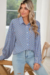 Sky Blue Abstract Print Collared Lantern Sleeve Shirt