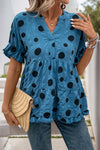 Blue V-Neck Polka Dot Crinkled Blouse